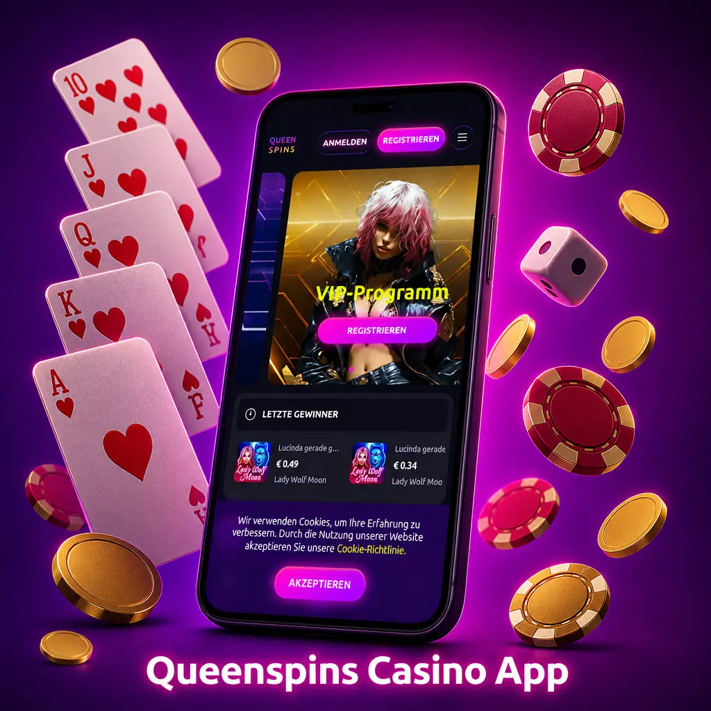 Queenspins Casino App: Startbildschirm mit Live-Events, über 3.000 Spielen und Live-Casino-Klassikern wie Blackjack und Roulette.