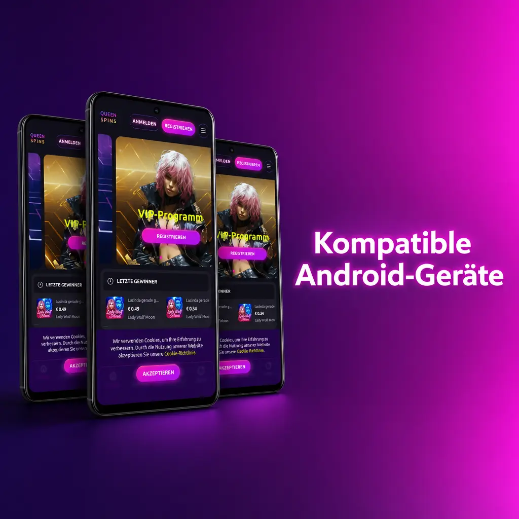 Kompatible Android-Geräte für die Queenspins App, z. B. Samsung Galaxy S24, Google Pixel 8, Xiaomi Redmi Note 13
